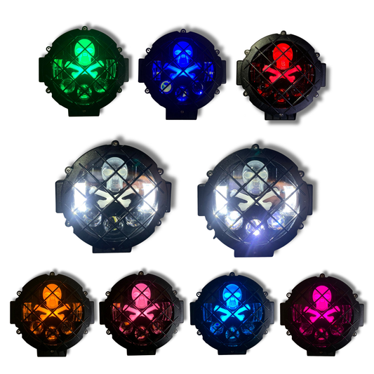 Faro Auxiliar LED Carlumex 5” Multicolor con Calavera y 3 Lupas – 60W, 10,000 Lúmenes