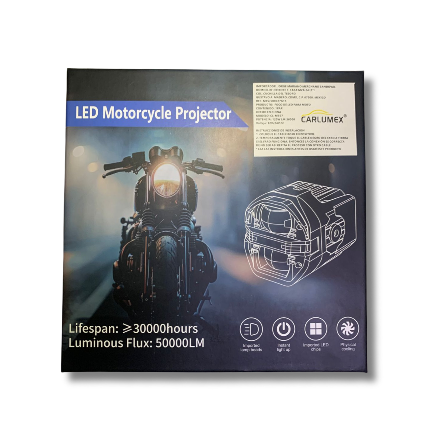Faro LED para Moto Carlumex – 2 Lupas Cuadradas Blanco con Cuarto Rojo